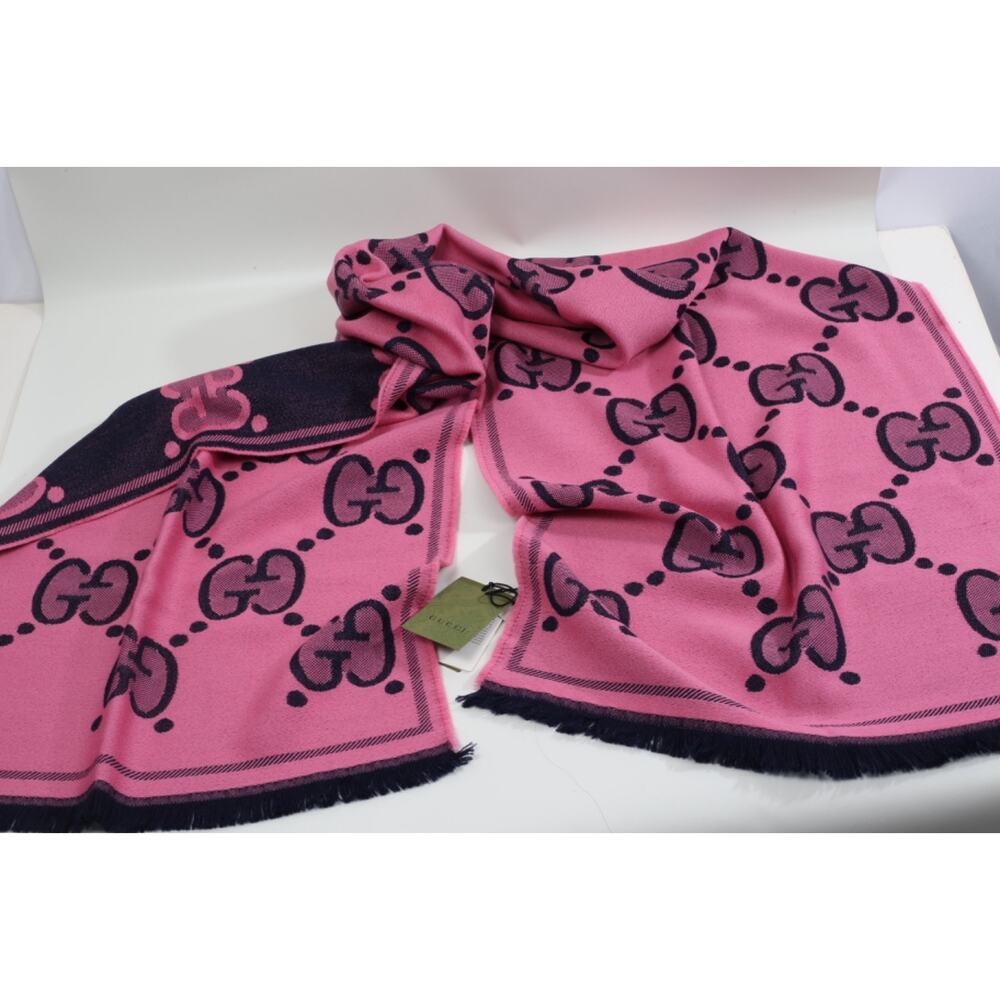 GUCCI Wool GG Monogram Scarf Salmon Pink Lady Nest Lux Designer Wrap Italy - Picture 10 of 16